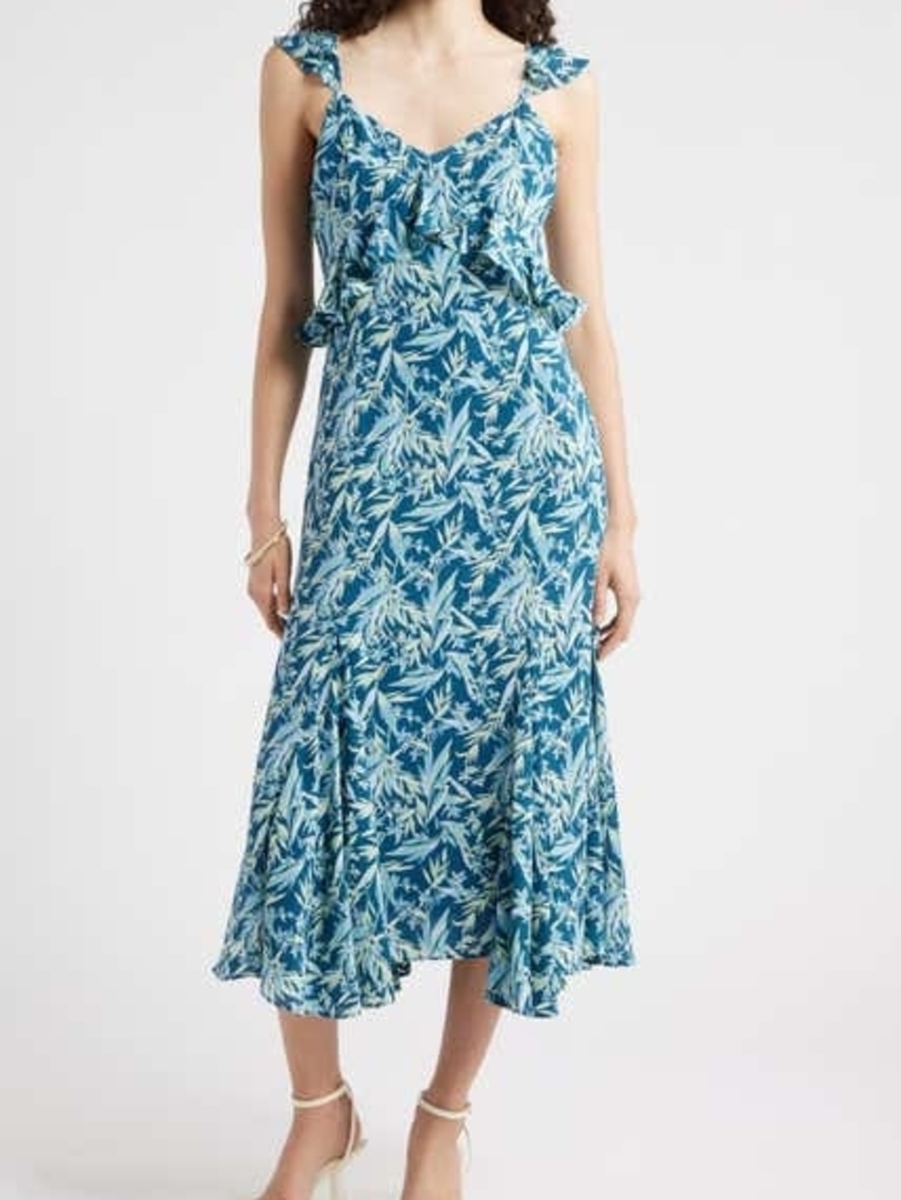 Chelsea28 Teal Blue Tropical Ruffle Midi Dress XXS
